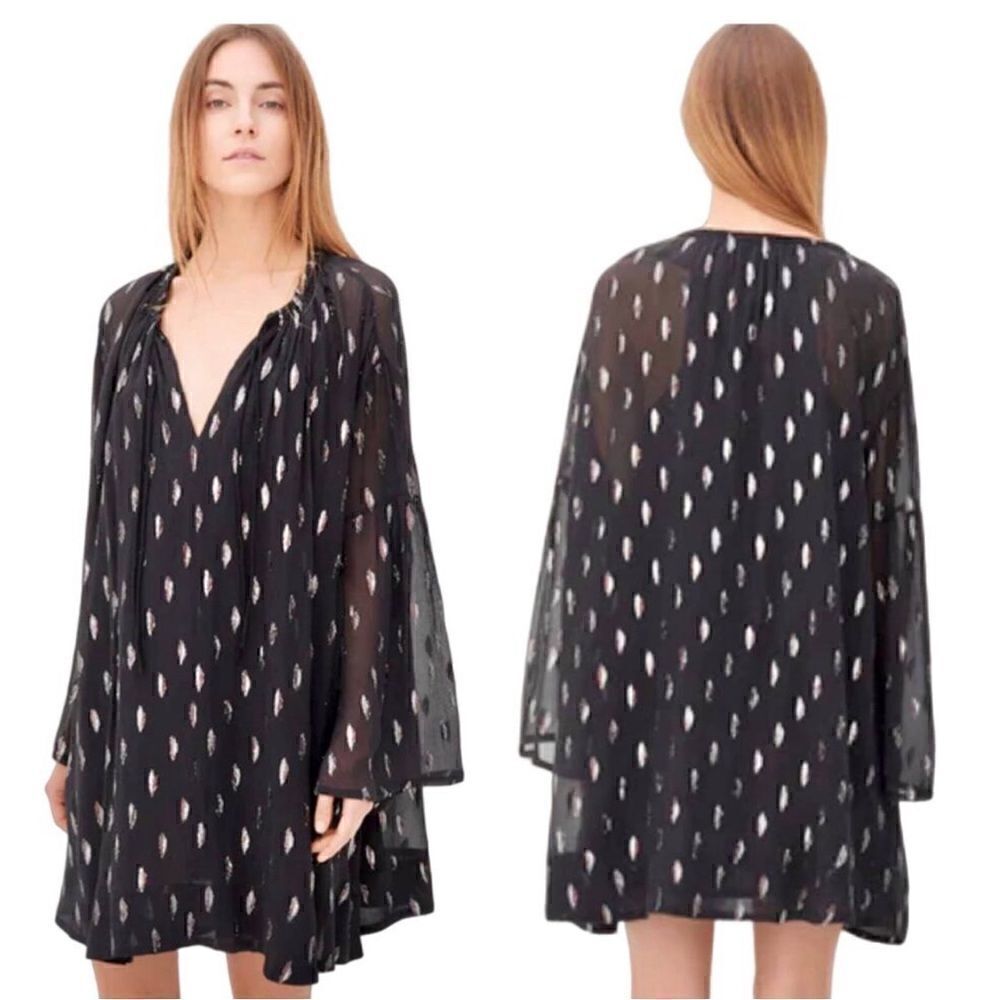 IRO Dress Paula Metallic Silk Tie Front Mini Long Sleeve Boho Black Silver 34